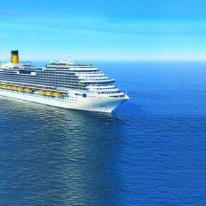 A large costa cruise ship sails smoothly across a vast, calm ocean under a clear blue sky, conveying a sense of adventure and tranquility.