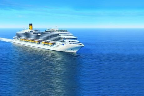 A large costa cruise ship sails smoothly across a vast, calm ocean under a clear blue sky, conveying a sense of adventure and tranquility.