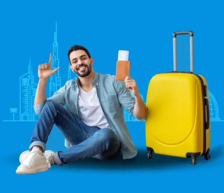 Traveler holding passport with UAE tourist visa stamp ready for travel