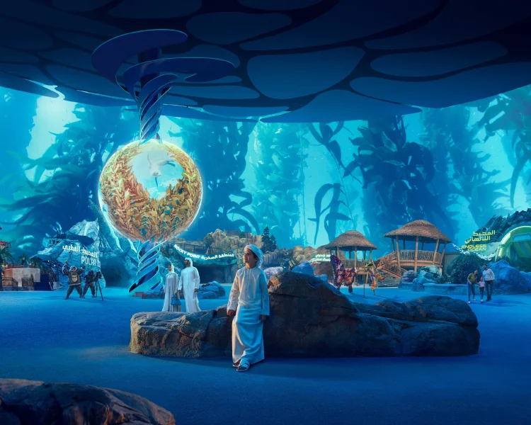 Interior of Sea World Abu Dhabi with large aquarium tanks and marine exhibits