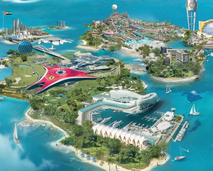 Aerial view of Yas Island with theme parks, marinas, and luxury hotels in Abu Dhabi