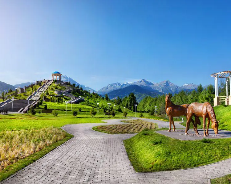 Horses grazing peacefully in a park in Almaty, Kazakhstan
