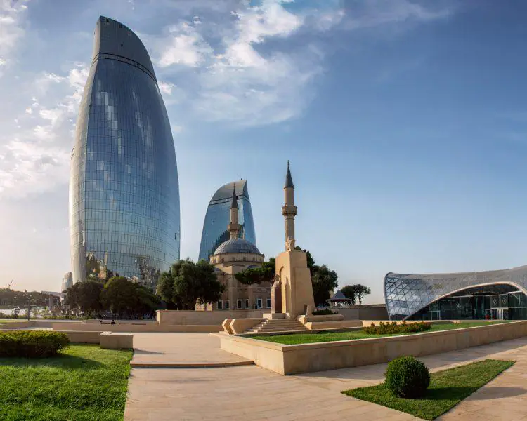 Curved glass architecture of Baku’s iconic Flame Towers