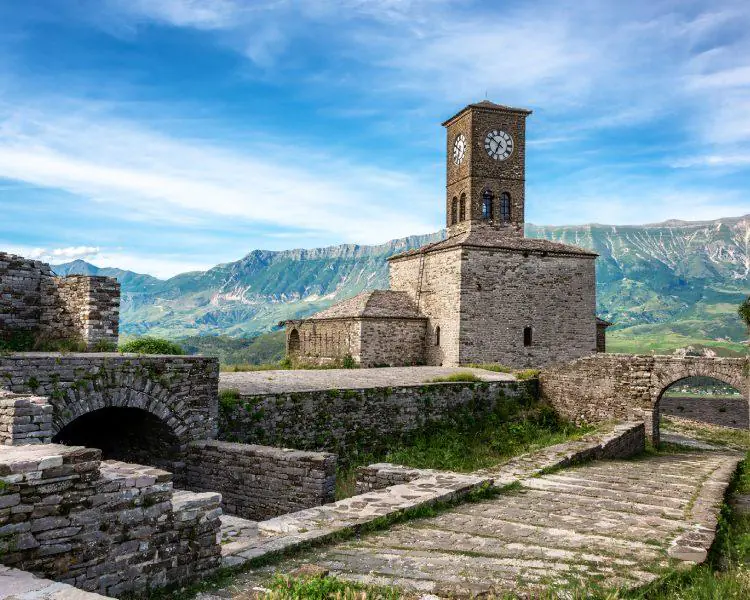 Stone walls and towers of the historic Gjirokastër Castle in southern Albania