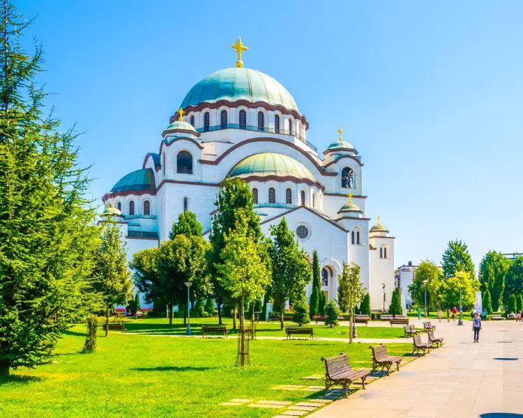 Temple of Saint Sava, a grand white Orthodox church in Belgrade, Serbia