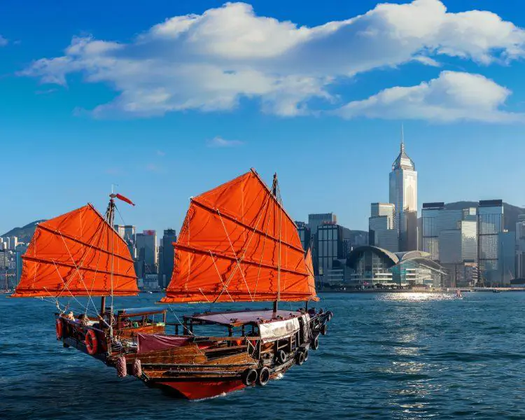 Panoramic view of Victoria Harbour with Hong Kong skyline in the background