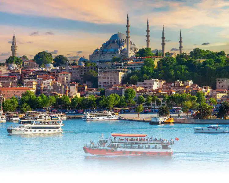 Bosphorus Strait with ferries and Istanbul landmarks