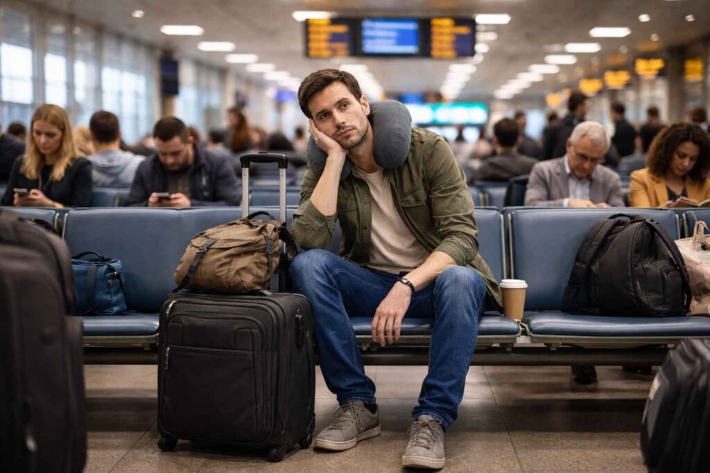 Tired passenger sitting in a Dubai airport departure lounge surrounded by many travelers, waiting for a delayed flight